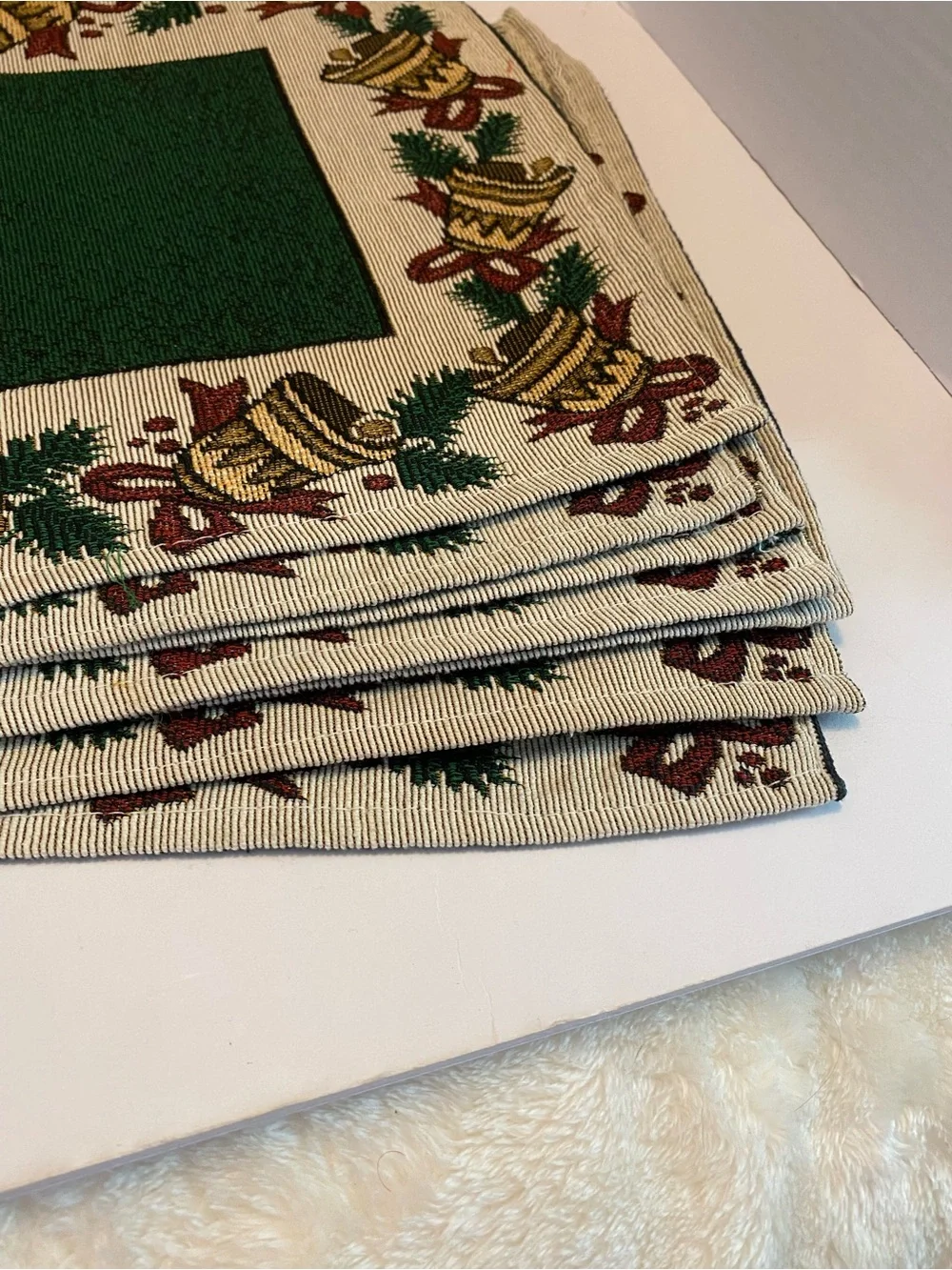 Christmas Woven Placemats Greenery and Bells 19 x 12 1/2 inches Set Of 7